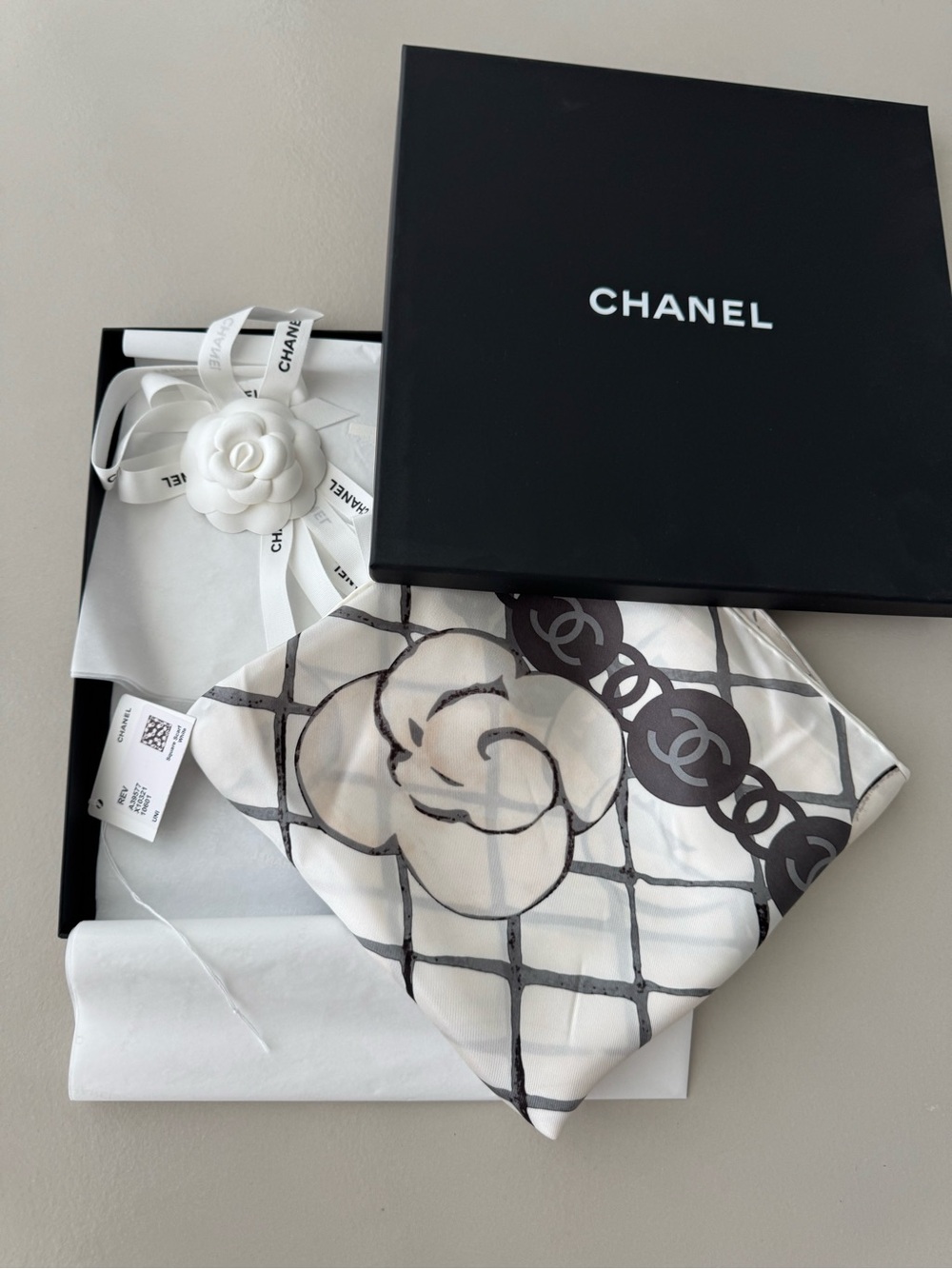 CHANEL WHITE CAMELLIA SILK SCARF